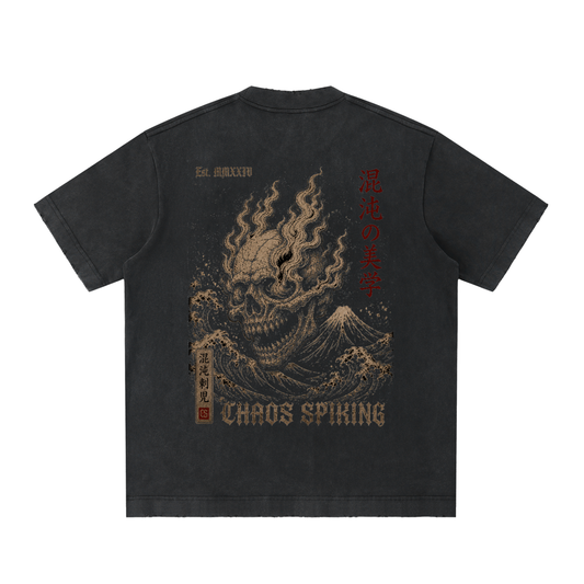 CS001-Japanese Wave - HONOO - Heavyweight Vintage Washed Frayed T-Shirt