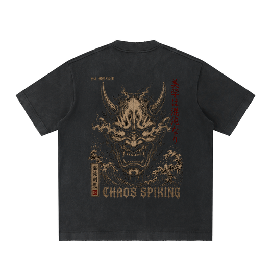 CS001-Japanese Wave - ONI- Heavyweight Vintage Washed Frayed T-Shirt
