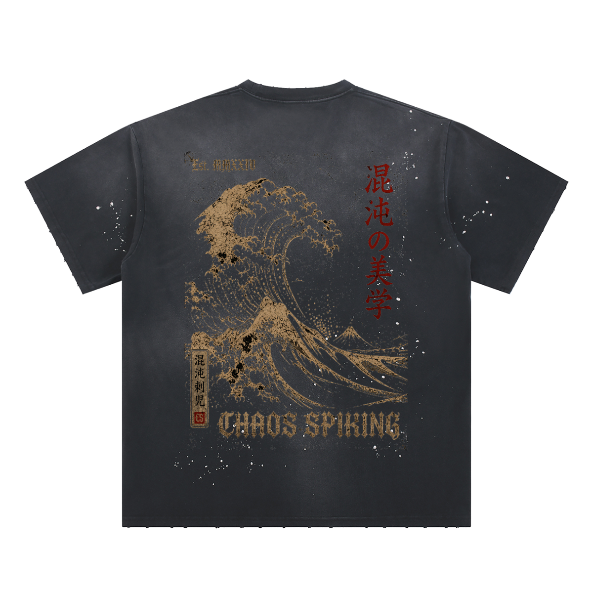 CS001-Japanese Wave  - Hand-Frayed Sunfade Paint Splatter T-Shirt