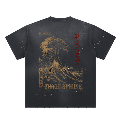 CS001-Japanese Wave  - Hand-Frayed Sunfade Paint Splatter T-Shirt