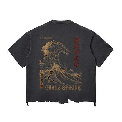 CS001-JAPANESEWAVE, Snow Wash Raw-Hem Boxy T-shirt